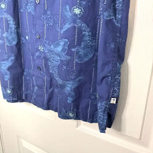Island Shores Size L Short Sleeve Blue Hawaiian Men's Button-Up Shirt - Koi Fish & Flowers