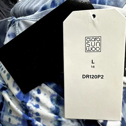 Clara Sun Woo Grecian Halter Swing Dress Acid Wash Printed Mini Blue White L NWT Size L