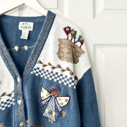 Quacker Factory  Vintage Blue Cottage Grandma Knit Heart Angels Miracles Cardigan