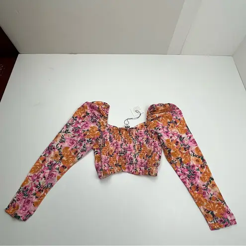 Something Navy Puff Sleeve Floral Crop Top Womens Size XXS Linen Blend NEW