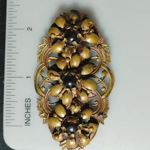 Antique Brooch Victorian Art Nouveau Gold Tone Floral Gilt Brass Dark Glass