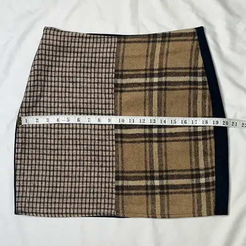 SheIn Split Design Tartan Plaid Checkered Solid Back Mini Skirt Large Tan Black