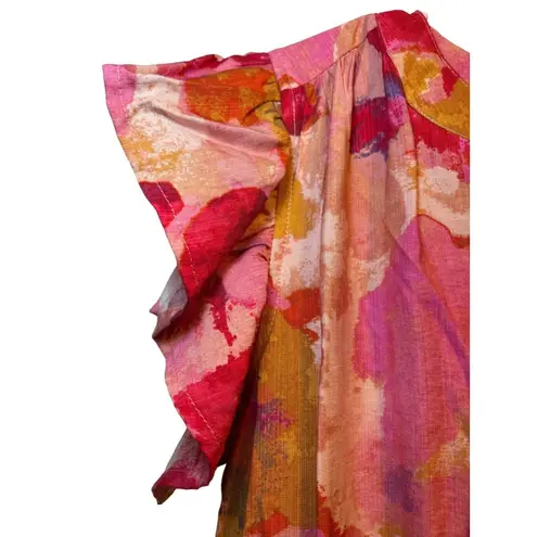 PINCH Women's Pink Gold Watercolor Ruffle Sleeve Tiered midi Dress Cinched Waist