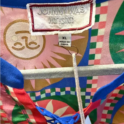 Johnny Was Workshop Front Tie Villa Silk Blouse Sun Print XL NWT Boho Gift