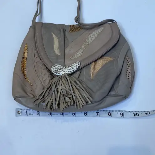 Sharif Crossbody Purse Snap Closure Tassel Leather Snakeskin EUC Gray Beige