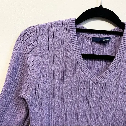 basic editions  Light Purple V Neck Cable Knit Ribbed Long Sleeve Sweater M