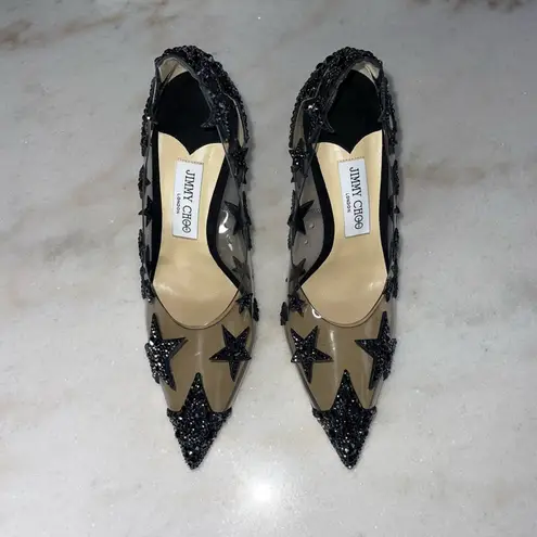 Jimmy Choo New Lisha 100 Black Smoke Mix Plexi Star Patchwork Pumps w Crystals