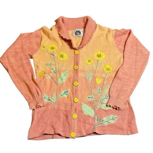 Vintage 90's Storybook Knits Sunflower Cardigan Sweater Size Medium Orange