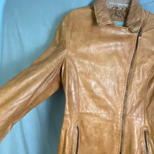 Bod Christensen 100% Leather Tan Caramel Moto Coat Belted Asymmetrical L Brown Size L