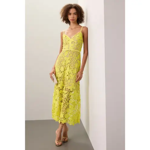 CATHERINE DEANE Yellow Floral Lace Overlay Peony Figure Hugging Dress size US 8