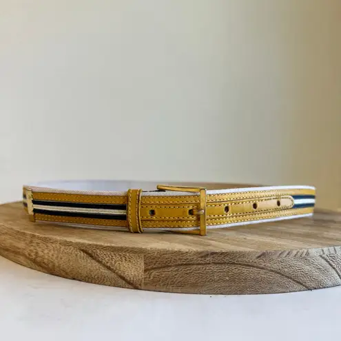 Vintage Italy Made Yellow Navy Stripe Belt With Gold Buckle Size Medium