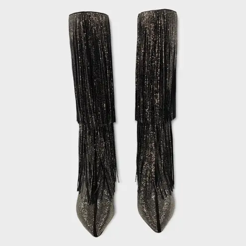INC International Concepts Is Black and Silver Bling Fringe Heeled Boots Sz 7.5M