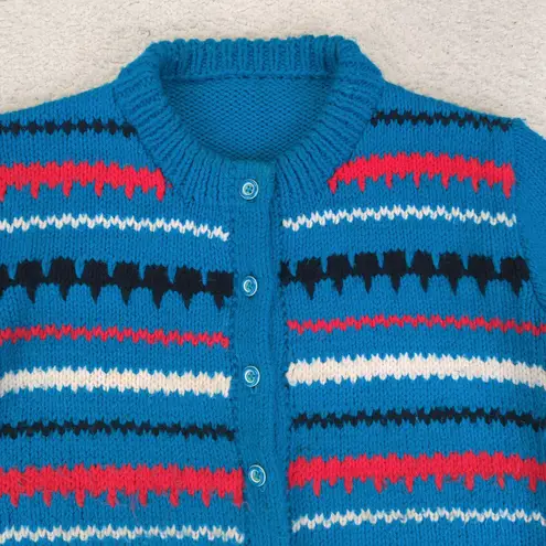 Vintage Womens Knit Cardigan Striped Teal Blue Sweater Button Front Jacket Large