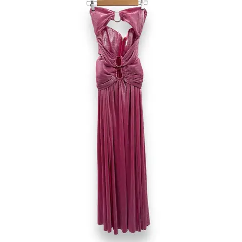Bronx and Banco Sonny Strapless Cut Out High Slit Maxi Dress Gown in Metallic Rose