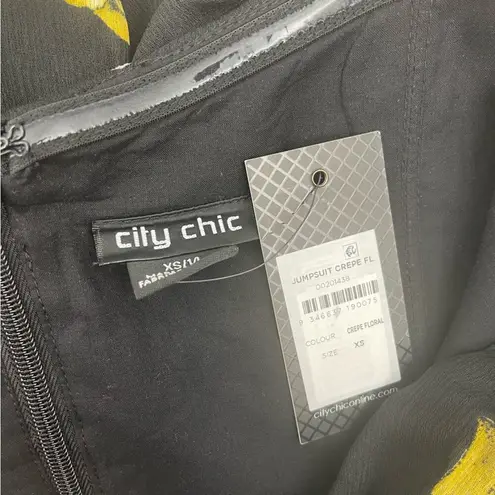 City Chic Jumpsuit SZ 14 Black White Yellow Crepe Floral Print Off The Shoulder