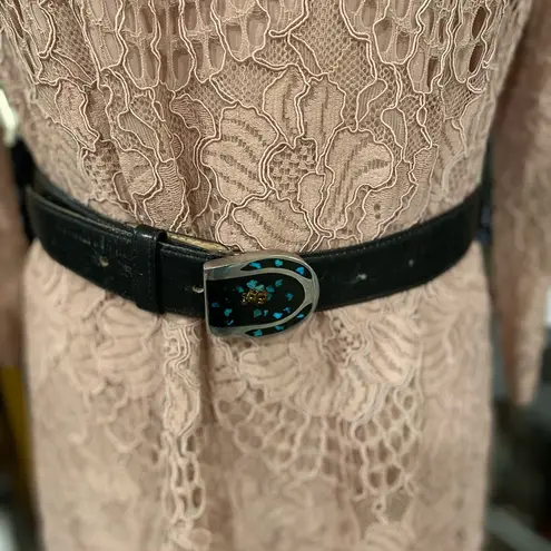 Paris Vintage Belt Navajo Inlaid Turquoise Slab Horse Shoe Belt Buckle 34” Black