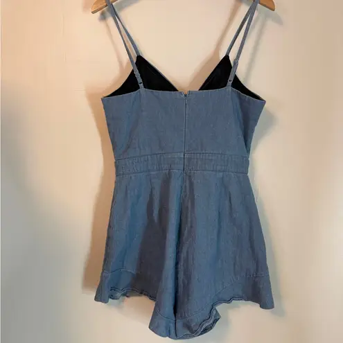 Hem & Thread Denim Chambray Adjustable Strap Romper Medium Ruffle Legs Tie Front