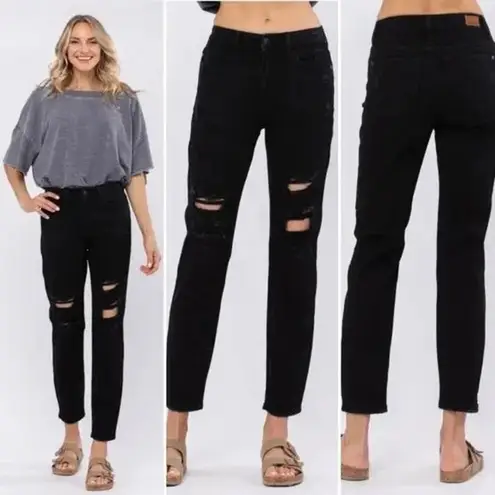 Judy Blue Boyfriend Fit Black Distressed Denim Jeans Size 31 Edgy Grunge Fall