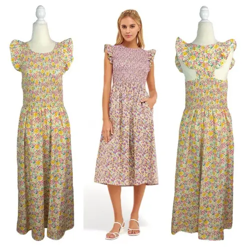 Cool Mode Ditsy Floral Smocked Bodice Midi Dress Yellow Size L