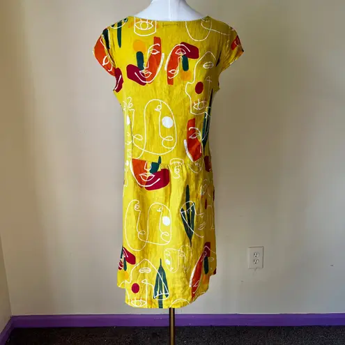 Super Belle Made in Italy Yellow Linen Abstract Faces Print Dress Size Medium