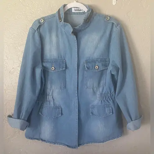 VTG SUSIELADY MOTO Denim Jacket Coat L Blue Faded Distressed Retro Trucker Y2K Size L