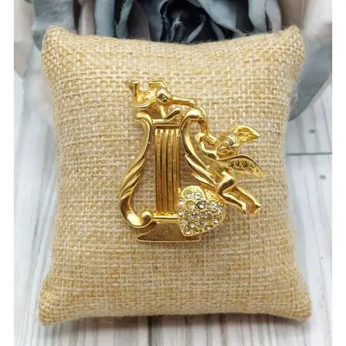 Vintage Gold Tone Harp Brooch Pin Cupid Angels Rhinestone Heart 1.75"