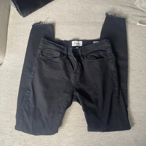 Frame 26 Le Skinny De Jeanne Black High Rise Raw Hem Jeans Unfinished