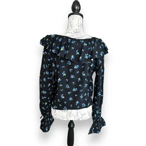 We Wore What New Ruffle Blouse Watercolor Black Multi Ditsy Blue Flower Small