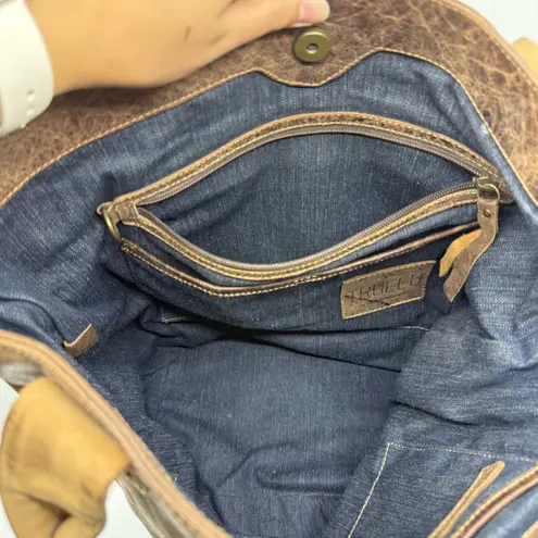 American West TrueLu Brown Leather Tote Bag Purse Denim Lined Shoulder Bag