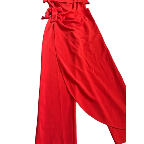Marina Cold Shoulder Faux Sarong Waist Tie Overlay Jumpsuit Red Size 4 Red