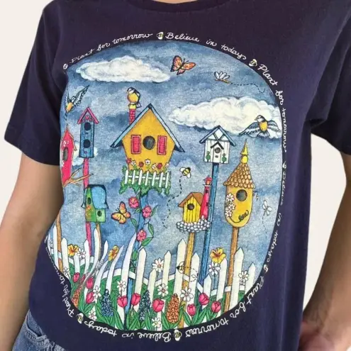2000s vintage granny garden, birdhouse, flower graphic tee XS/Small Blue