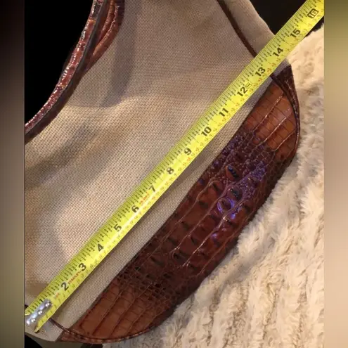 Brahmin Canvas and Warm Brown Crocodile Leather Shoulder Bag with Medallion