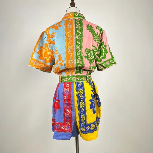 Farm Rio NWOT  Lace Garden Belted Romper Size M 100% Linen Blend Multicolor