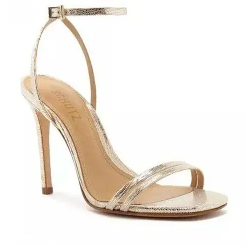 Schutz Women’s Leather Altina Gold High Ankle Wrap Embossed Stiletto Heels 8.5