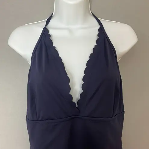 J.Crew  Swimsuit One Piece Scalloped Neckline Deep V-Neck Size 10 Navy Blue‎