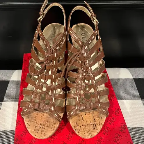 Guess Brown Boho Lace up Wedge Sandals Sz 9.5 Great Condition