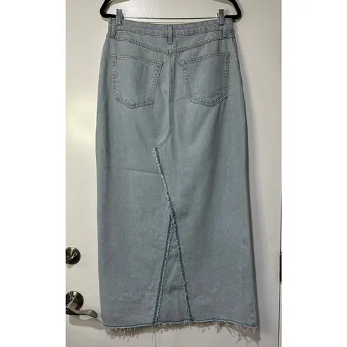 Topshop  Long Denim Mid Maxi Skirt w/ Front Slit Size 8 EUC Light Wash Frayed Hem