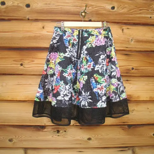 Gracia Black Parrot Bird Print Floral Full Skirt