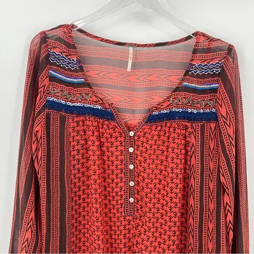 Free People  Feather in The Wind semi sheer burnt orange beaded long sleeve top