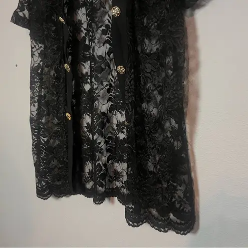 Vintage Lisa’s Cardigan Black Lace Short Sleeve Open Front Gold Buttons Size XXL