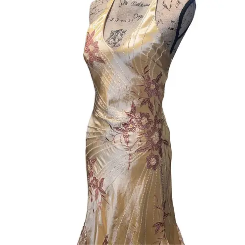 Bicici Designer Beaded Halter Gown Formal Embroidered Champagne Gold & Shawl Size 4