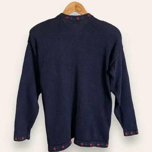 Vintage Embroidered Cardigan Sweater Floral Blue Preowned Cottagecore Medium Blue