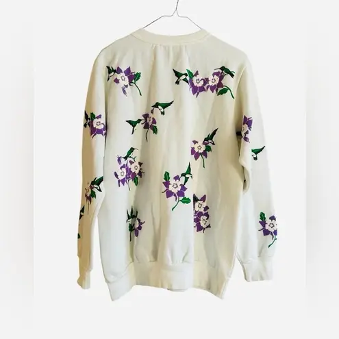 Vintage 80s Columbine Hummingbird Floral Nature Sweatshirt Large Cal Pac… White