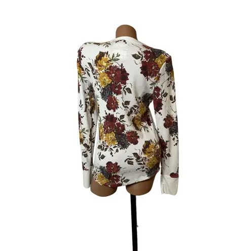 Floral Waffle Knit Henley Top M Soft Cozy Fall Colors Long Sleeve Tee White Size M