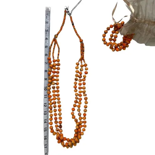 Chico's New  Orange Beaded 3 Strand Long Boho Necklace and Bracelet Set