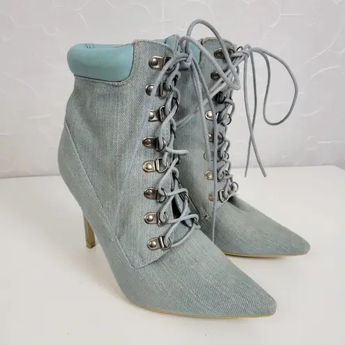 Cape Robbin Mini Womens Boots Size 8 Blue Denim Lace Up Pointed Toe Heel Bootie