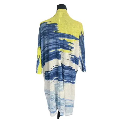 Chico's  Lightweight Printed Cardigan Sweater Large Yellow Navy White Swim Coverup