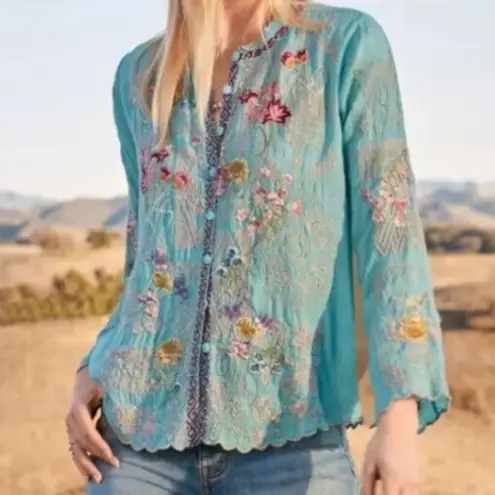 Johnny Was heavily embroidered “Albee” blouse in marine blue NWT