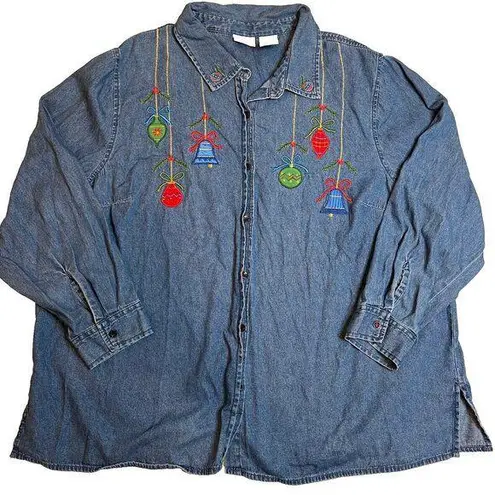 White Stag VTG Christmas Holiday Denim Button Down Shirt Ornaments Novelty SZ 22
