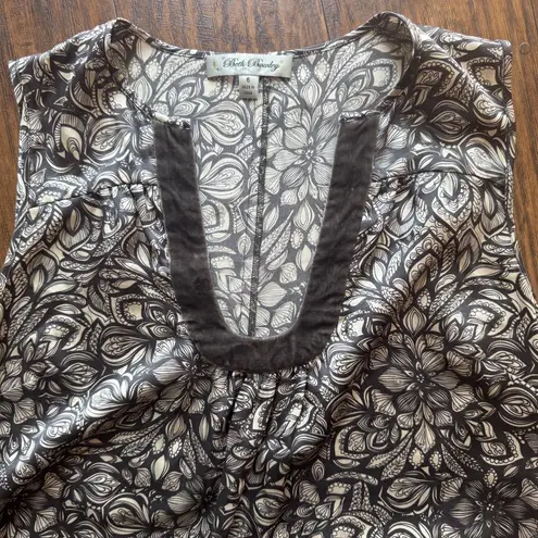 Sleeveless Silk Dress Gray Floral with Velvet Trim and Belt A Line Womens Size 6